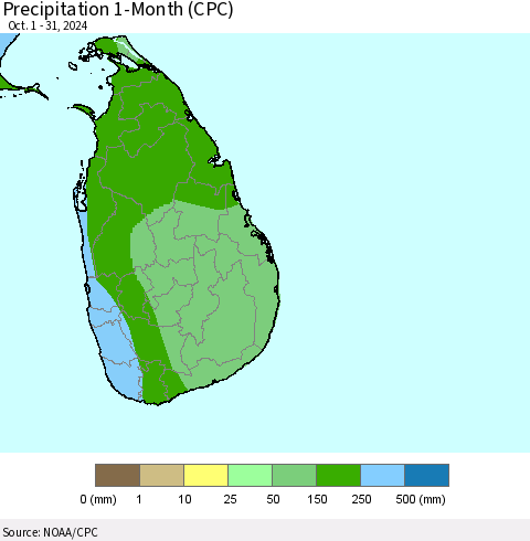 Sri Lanka Precipitation 1-Month (CPC) Thematic Map For 10/1/2024 - 10/31/2024