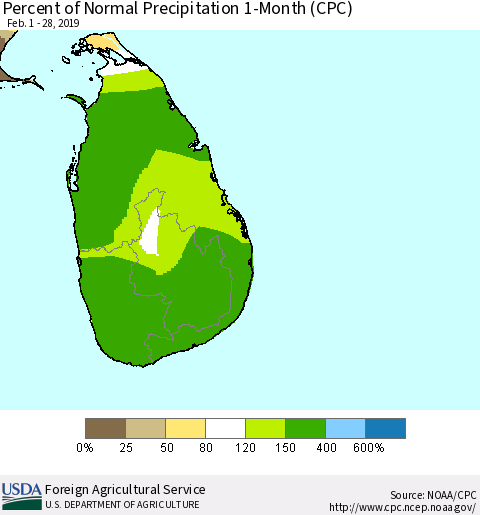 Sri Lanka Percent of Normal Precipitation 1-Month (CPC) Thematic Map For 2/1/2019 - 2/28/2019