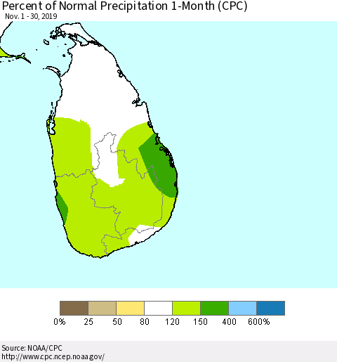 Sri Lanka Percent of Normal Precipitation 1-Month (CPC) Thematic Map For 11/1/2019 - 11/30/2019
