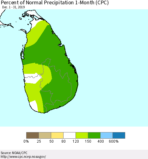 Sri Lanka Percent of Normal Precipitation 1-Month (CPC) Thematic Map For 12/1/2019 - 12/31/2019