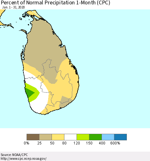 Sri Lanka Percent of Normal Precipitation 1-Month (CPC) Thematic Map For 1/1/2020 - 1/31/2020