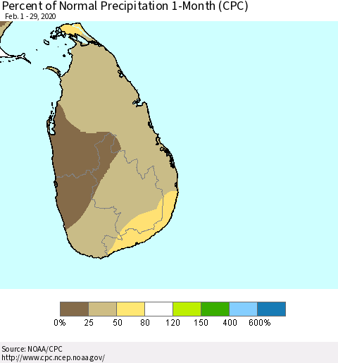 Sri Lanka Percent of Normal Precipitation 1-Month (CPC) Thematic Map For 2/1/2020 - 2/29/2020