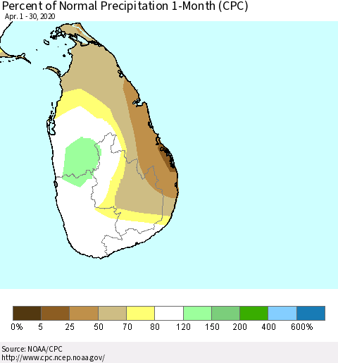 Sri Lanka Percent of Normal Precipitation 1-Month (CPC) Thematic Map For 4/1/2020 - 4/30/2020