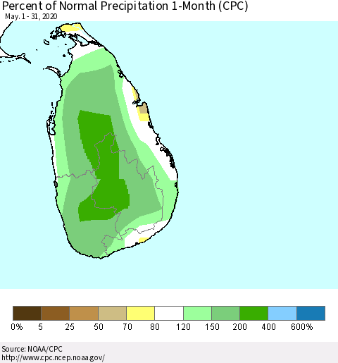 Sri Lanka Percent of Normal Precipitation 1-Month (CPC) Thematic Map For 5/1/2020 - 5/31/2020