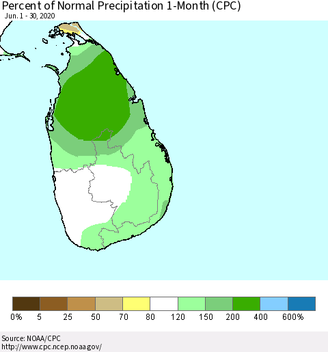 Sri Lanka Percent of Normal Precipitation 1-Month (CPC) Thematic Map For 6/1/2020 - 6/30/2020