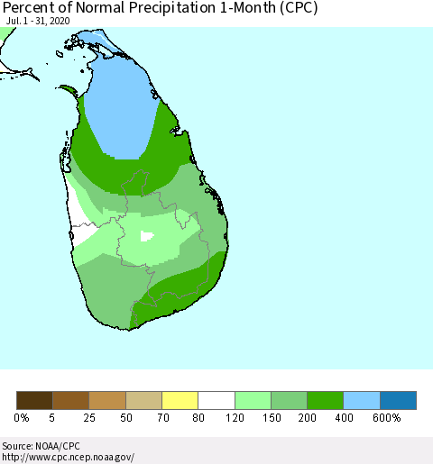Sri Lanka Percent of Normal Precipitation 1-Month (CPC) Thematic Map For 7/1/2020 - 7/31/2020