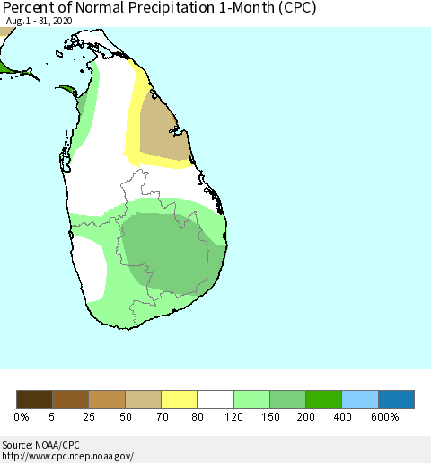 Sri Lanka Percent of Normal Precipitation 1-Month (CPC) Thematic Map For 8/1/2020 - 8/31/2020