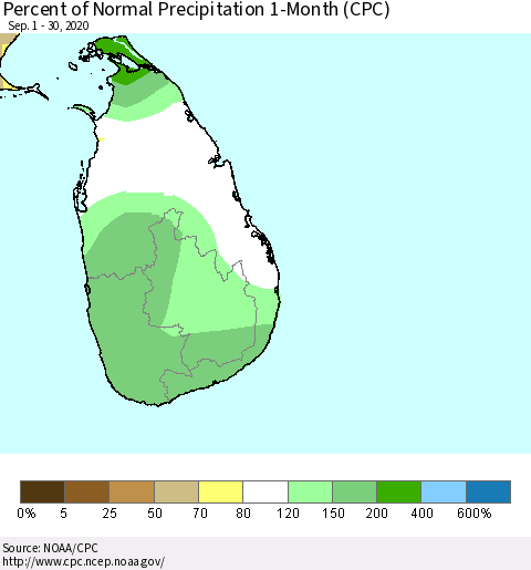 Sri Lanka Percent of Normal Precipitation 1-Month (CPC) Thematic Map For 9/1/2020 - 9/30/2020