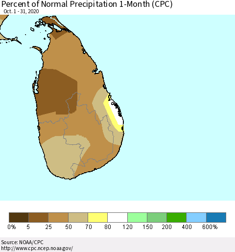 Sri Lanka Percent of Normal Precipitation 1-Month (CPC) Thematic Map For 10/1/2020 - 10/31/2020
