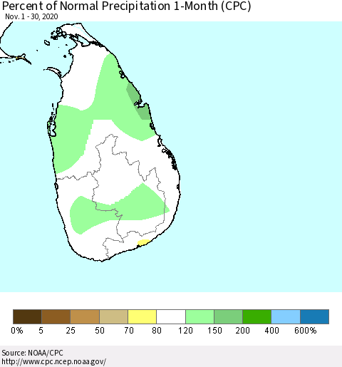 Sri Lanka Percent of Normal Precipitation 1-Month (CPC) Thematic Map For 11/1/2020 - 11/30/2020