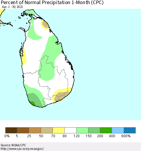 Sri Lanka Percent of Normal Precipitation 1-Month (CPC) Thematic Map For 4/1/2021 - 4/30/2021