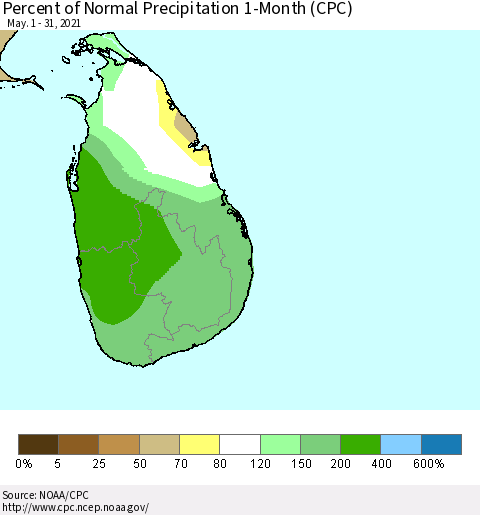 Sri Lanka Percent of Normal Precipitation 1-Month (CPC) Thematic Map For 5/1/2021 - 5/31/2021