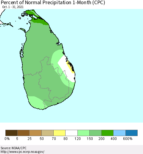 Sri Lanka Percent of Normal Precipitation 1-Month (CPC) Thematic Map For 10/1/2021 - 10/31/2021