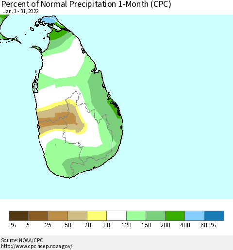 Sri Lanka Percent of Normal Precipitation 1-Month (CPC) Thematic Map For 1/1/2022 - 1/31/2022