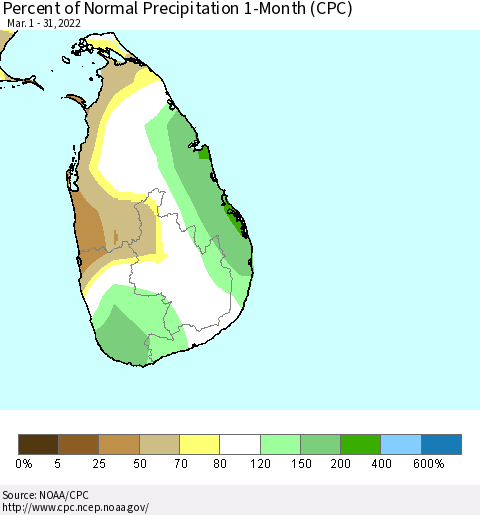 Sri Lanka Percent of Normal Precipitation 1-Month (CPC) Thematic Map For 3/1/2022 - 3/31/2022