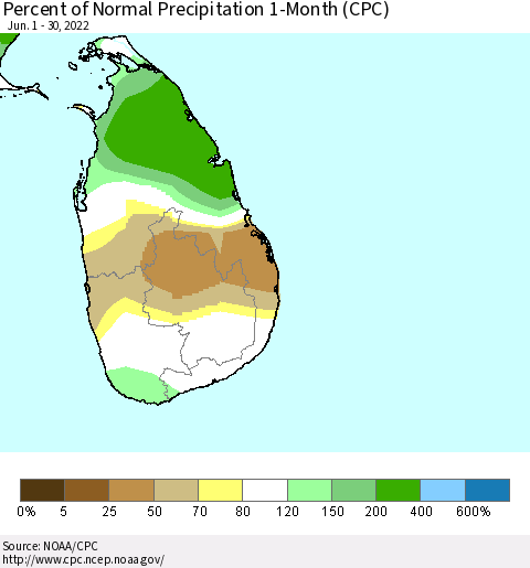 Sri Lanka Percent of Normal Precipitation 1-Month (CPC) Thematic Map For 6/1/2022 - 6/30/2022