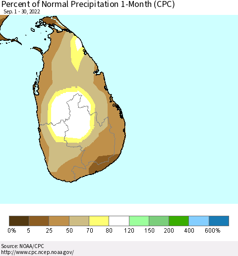 Sri Lanka Percent of Normal Precipitation 1-Month (CPC) Thematic Map For 9/1/2022 - 9/30/2022