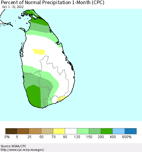 Sri Lanka Percent of Normal Precipitation 1-Month (CPC) Thematic Map For 10/1/2022 - 10/31/2022