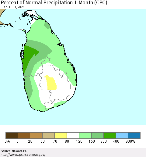 Sri Lanka Percent of Normal Precipitation 1-Month (CPC) Thematic Map For 1/1/2023 - 1/31/2023