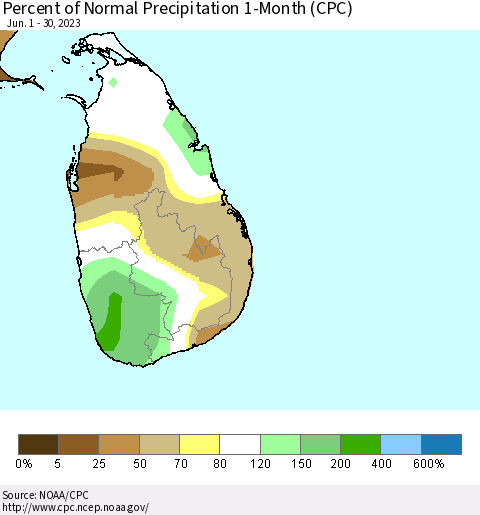 Sri Lanka Percent of Normal Precipitation 1-Month (CPC) Thematic Map For 6/1/2023 - 6/30/2023
