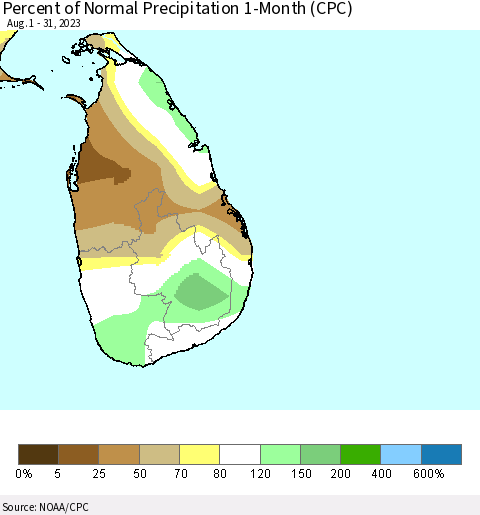 Sri Lanka Percent of Normal Precipitation 1-Month (CPC) Thematic Map For 8/1/2023 - 8/31/2023
