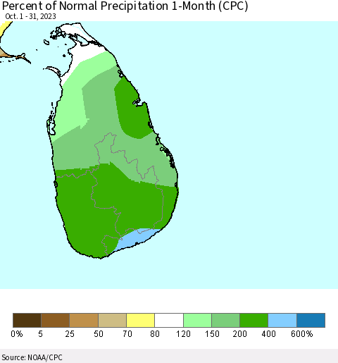 Sri Lanka Percent of Normal Precipitation 1-Month (CPC) Thematic Map For 10/1/2023 - 10/31/2023