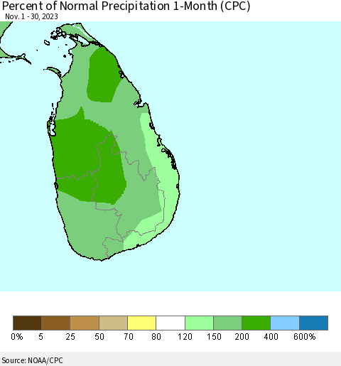 Sri Lanka Percent of Normal Precipitation 1-Month (CPC) Thematic Map For 11/1/2023 - 11/30/2023
