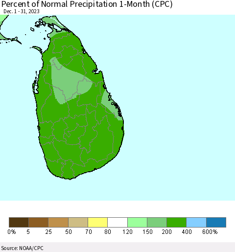 Sri Lanka Percent of Normal Precipitation 1-Month (CPC) Thematic Map For 12/1/2023 - 12/31/2023