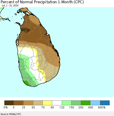 Sri Lanka Percent of Normal Precipitation 1-Month (CPC) Thematic Map For 7/1/2024 - 7/31/2024