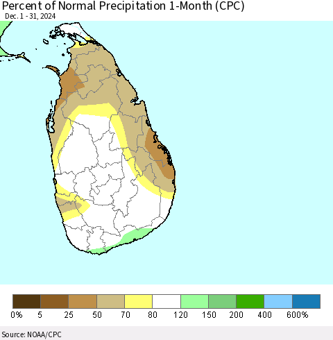 Sri Lanka Percent of Normal Precipitation 1-Month (CPC) Thematic Map For 12/1/2024 - 12/31/2024