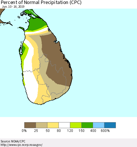 Sri Lanka Percent of Normal Precipitation (CPC) Thematic Map For 6/10/2019 - 6/16/2019