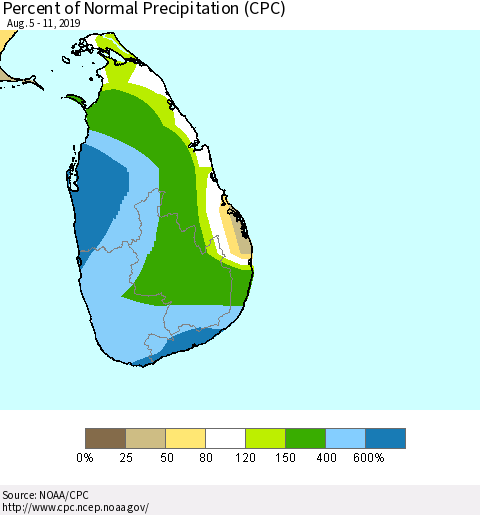 Sri Lanka Percent of Normal Precipitation (CPC) Thematic Map For 8/5/2019 - 8/11/2019