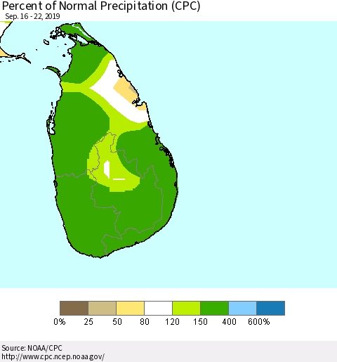 Sri Lanka Percent of Normal Precipitation (CPC) Thematic Map For 9/16/2019 - 9/22/2019