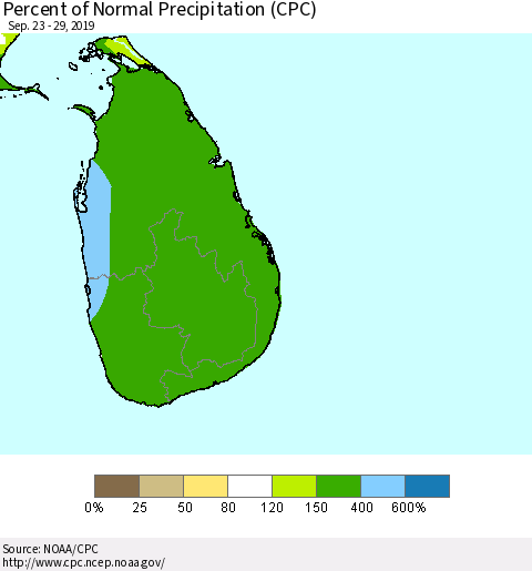 Sri Lanka Percent of Normal Precipitation (CPC) Thematic Map For 9/23/2019 - 9/29/2019