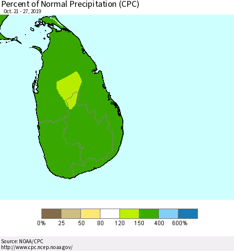 Sri Lanka Percent of Normal Precipitation (CPC) Thematic Map For 10/21/2019 - 10/27/2019