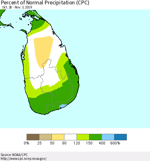 Sri Lanka Percent of Normal Precipitation (CPC) Thematic Map For 10/28/2019 - 11/3/2019