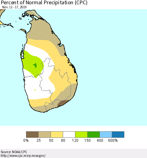 Sri Lanka Percent of Normal Precipitation (CPC) Thematic Map For 11/11/2019 - 11/17/2019