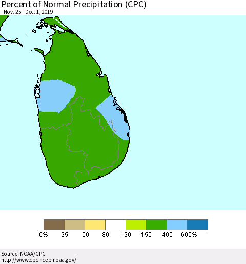Sri Lanka Percent of Normal Precipitation (CPC) Thematic Map For 11/25/2019 - 12/1/2019