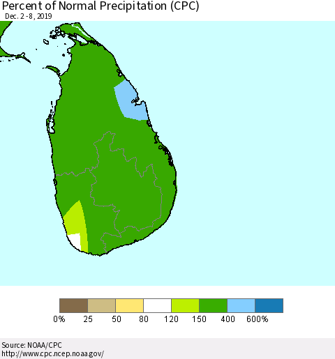 Sri Lanka Percent of Normal Precipitation (CPC) Thematic Map For 12/2/2019 - 12/8/2019