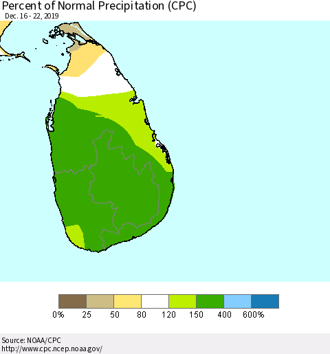 Sri Lanka Percent of Normal Precipitation (CPC) Thematic Map For 12/16/2019 - 12/22/2019