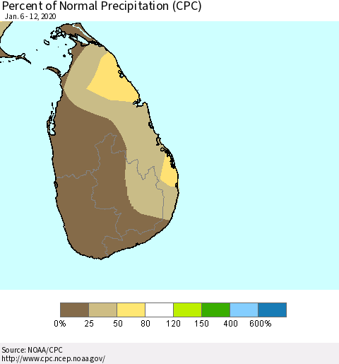 Sri Lanka Percent of Normal Precipitation (CPC) Thematic Map For 1/6/2020 - 1/12/2020