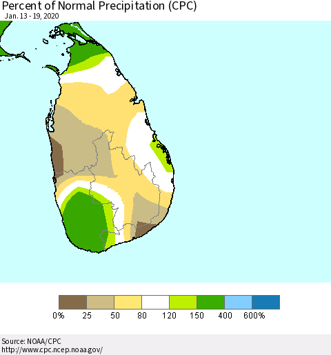 Sri Lanka Percent of Normal Precipitation (CPC) Thematic Map For 1/13/2020 - 1/19/2020