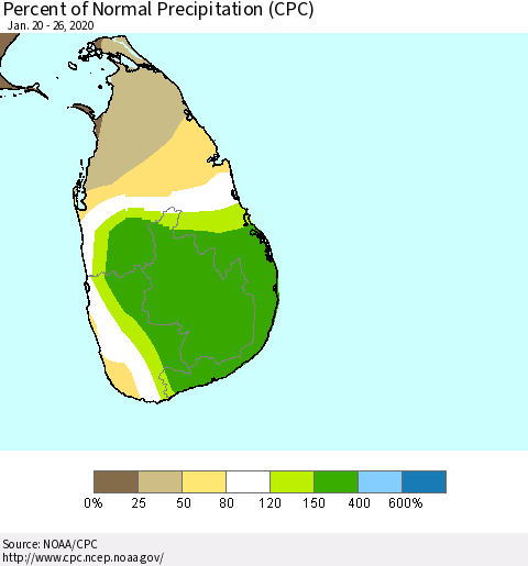 Sri Lanka Percent of Normal Precipitation (CPC) Thematic Map For 1/20/2020 - 1/26/2020