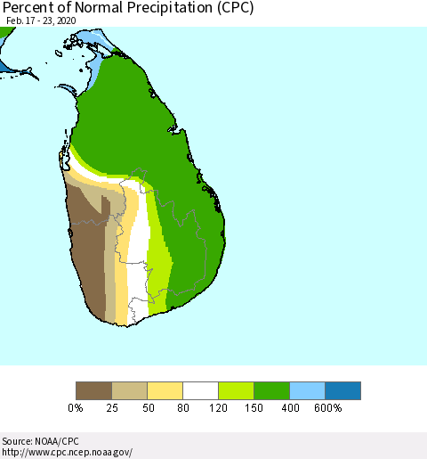 Sri Lanka Percent of Normal Precipitation (CPC) Thematic Map For 2/17/2020 - 2/23/2020
