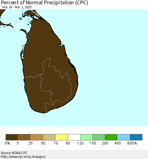 Sri Lanka Percent of Normal Precipitation (CPC) Thematic Map For 2/24/2020 - 3/1/2020