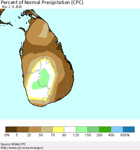 Sri Lanka Percent of Normal Precipitation (CPC) Thematic Map For 3/2/2020 - 3/8/2020