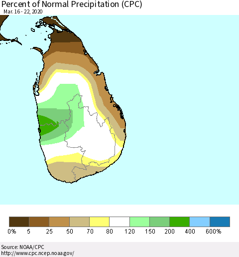 Sri Lanka Percent of Normal Precipitation (CPC) Thematic Map For 3/16/2020 - 3/22/2020