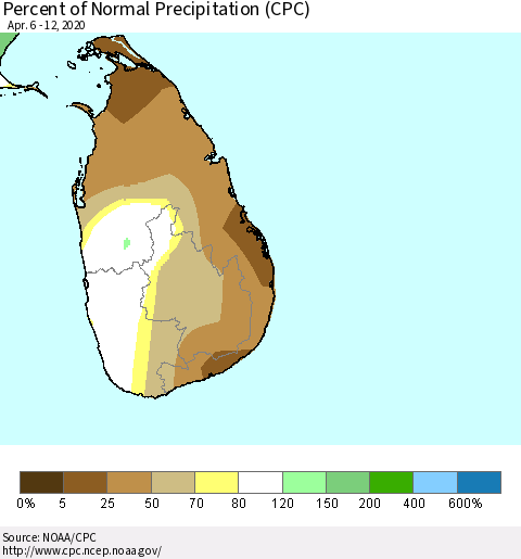 Sri Lanka Percent of Normal Precipitation (CPC) Thematic Map For 4/6/2020 - 4/12/2020