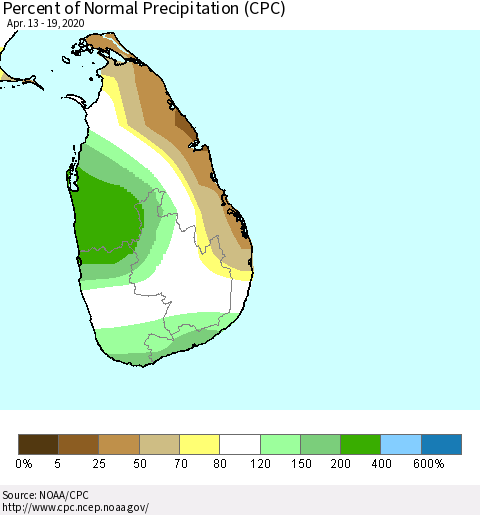 Sri Lanka Percent of Normal Precipitation (CPC) Thematic Map For 4/13/2020 - 4/19/2020