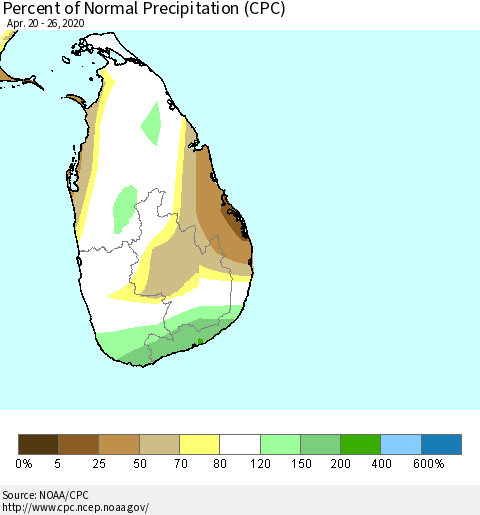 Sri Lanka Percent of Normal Precipitation (CPC) Thematic Map For 4/20/2020 - 4/26/2020